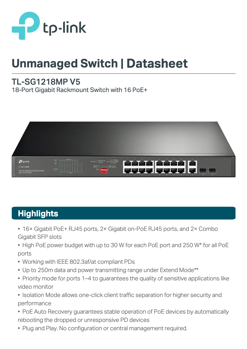 Page 1 de la notice Fiche technique TP-Link TL-SG1218MP