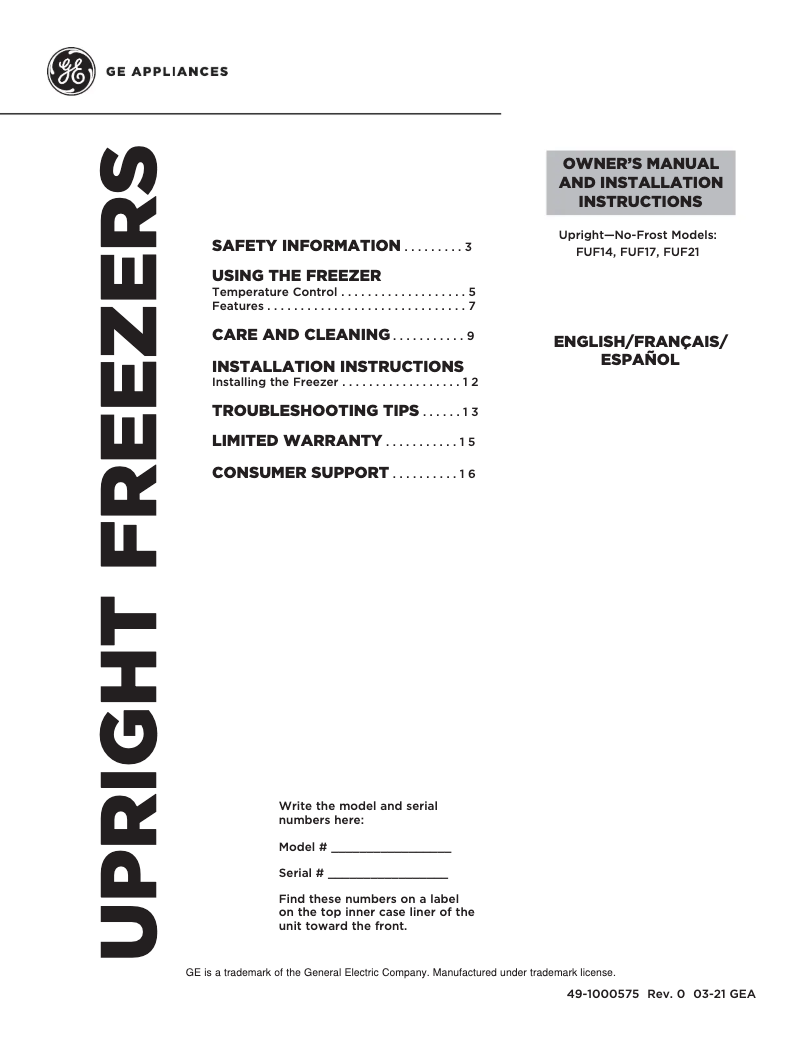 Página 1 del manual Guía de instalación GE FUF21QRRWW