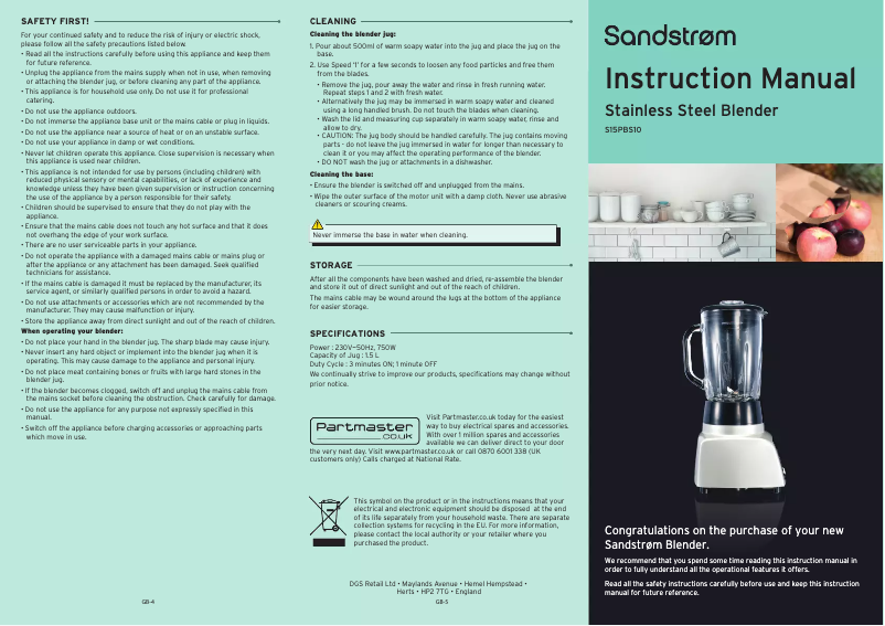 Page 1 de la notice Manuel utilisateur Sandstrøm S15PBS10