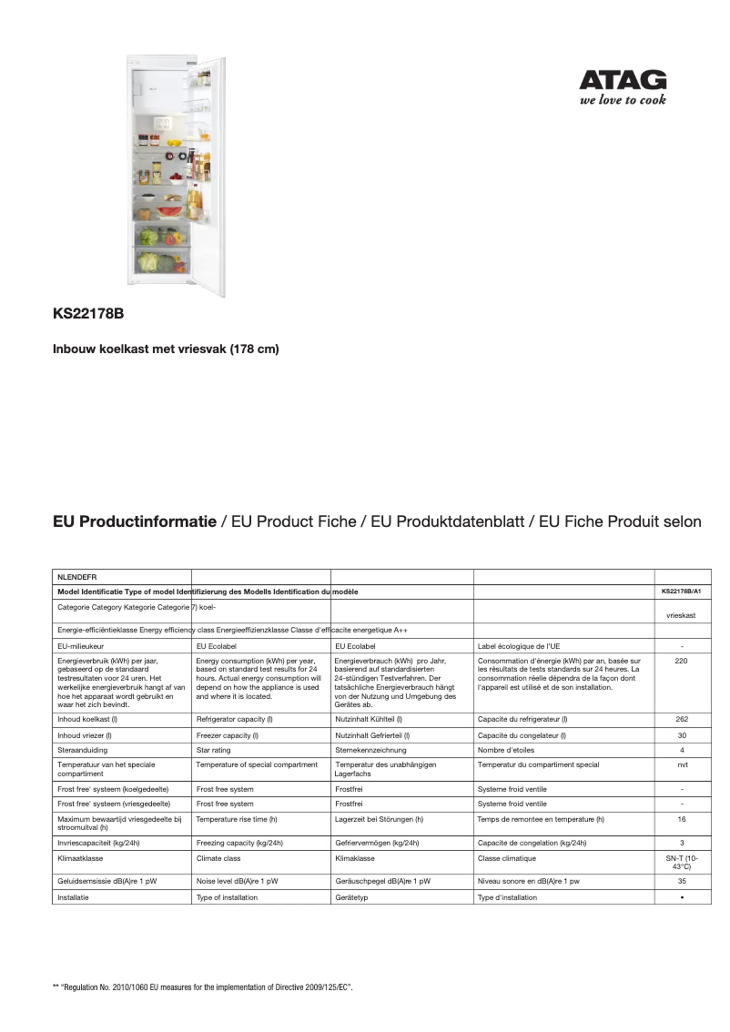 Page n°1 - Fiche technique Atag KS22178B