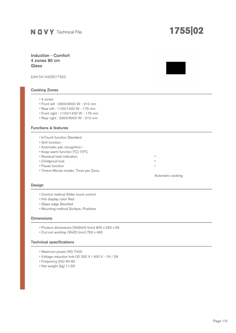 Page 1 de la notice Fiche technique Novy Comfort 1755