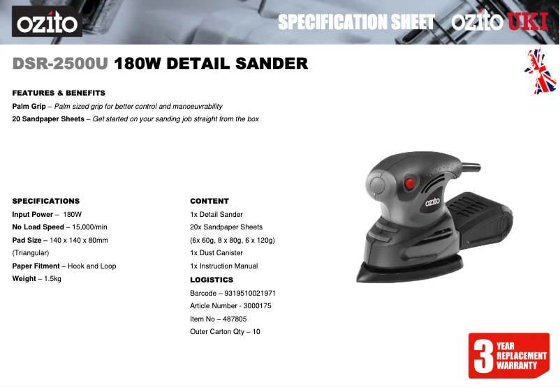 Page 1 de la notice Fiche technique Ozito DSR-2500U
