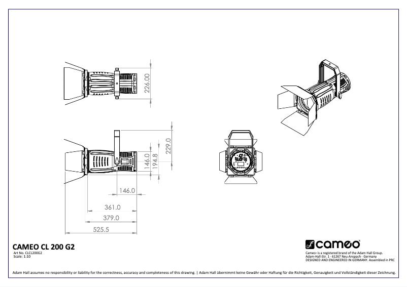 Page 1 de la notice Fiche technique Cameo CL 200 G2