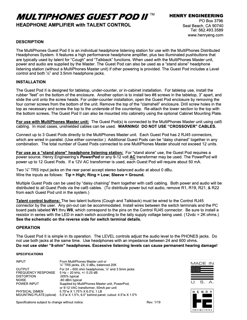 Page 1 de la notice Manuel utilisateur Henry Engineering MultiPhones Guest Pod II