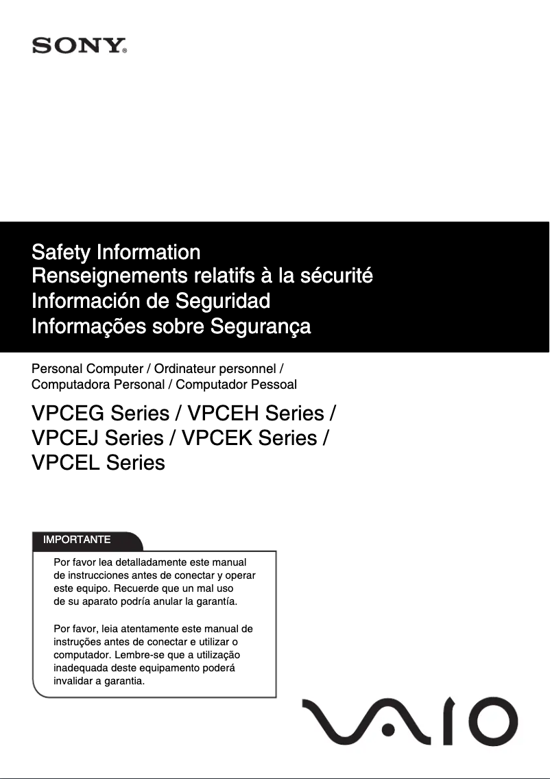 Página 1 del manual Instrucciones de seguridad Sony Vaio VPCEG3AGX