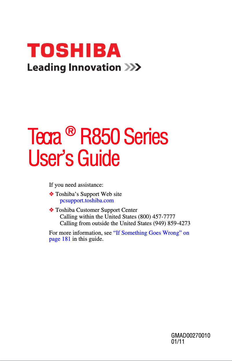 Page 1 de la notice Manuel utilisateur Toshiba Tecra R850