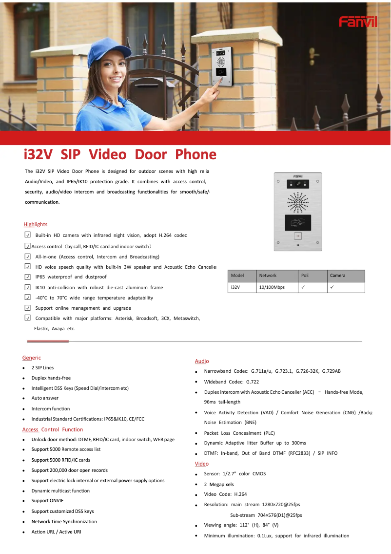 Page 1 de la notice Fiche technique Fanvil i32V