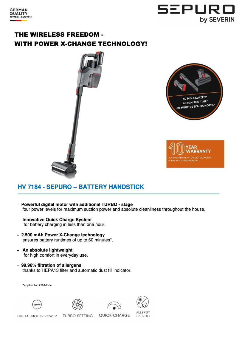 Page 1 de la notice Fiche technique Severin HV 7184