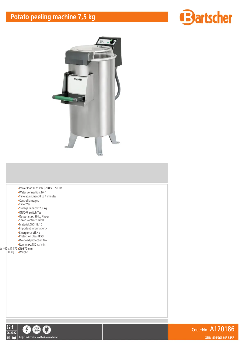 Page 1 de la notice Fiche technique Bartscher A120186