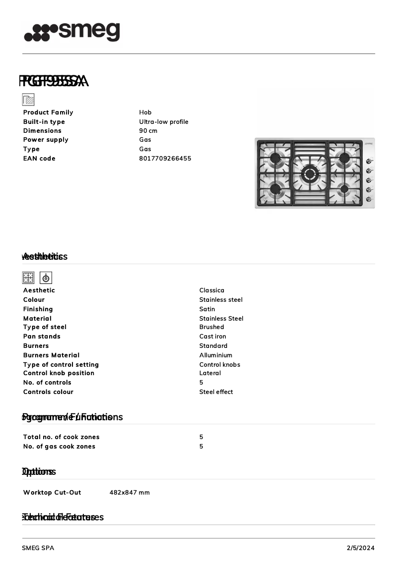 Page 1 de la notice Fiche technique Smeg PGF95SA