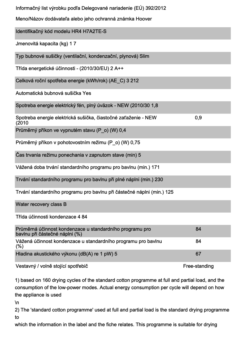 Page 1 de la notice Fiche technique Hoover HR4 H7A2TE-S