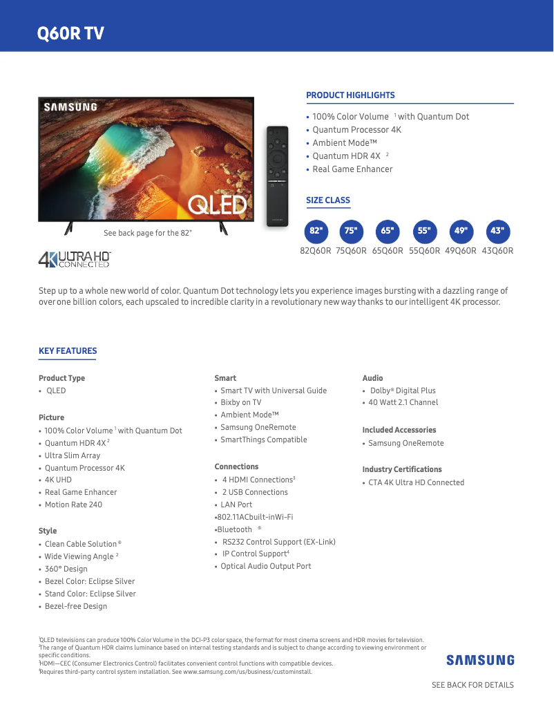 Page 1 de la notice Fiche technique Samsung QN75Q60RAFXZA