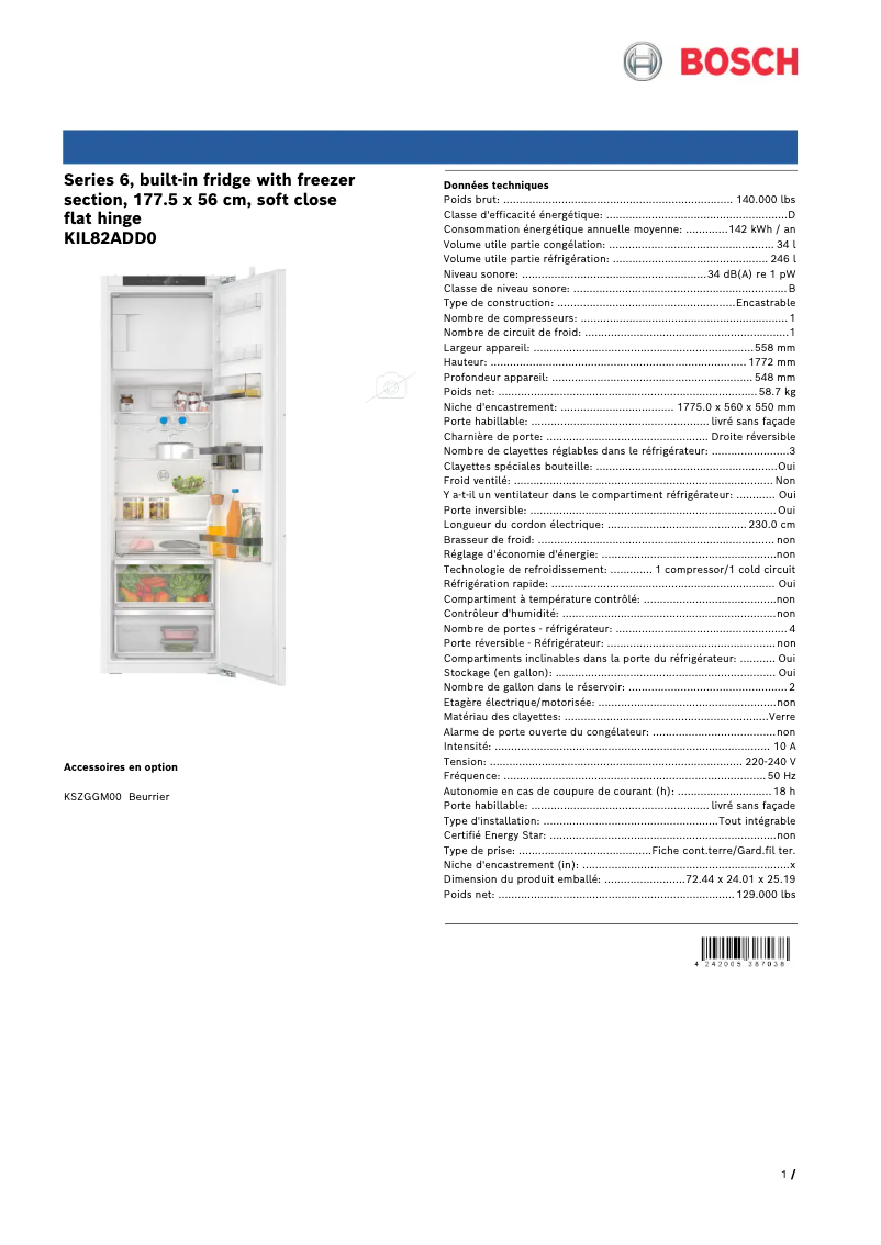 Página 1 del manual Ficha técnica Bosch KIL82ADD0