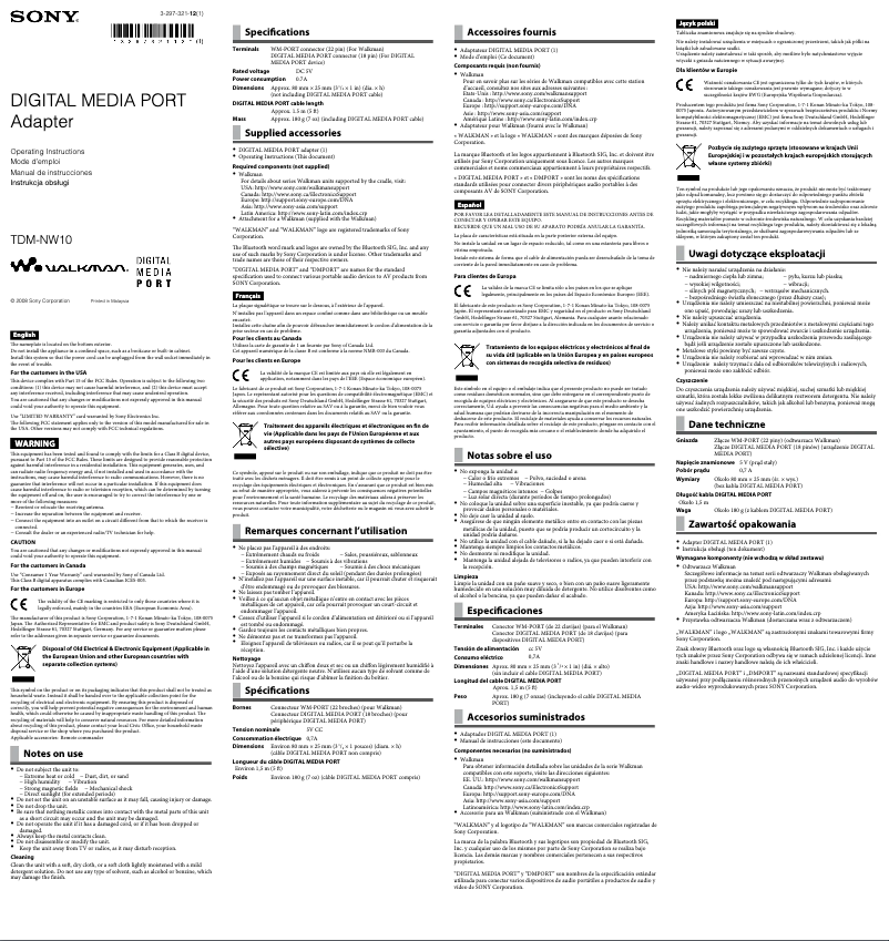 Page 1 de la notice Manuel utilisateur Sony TDM-NW10