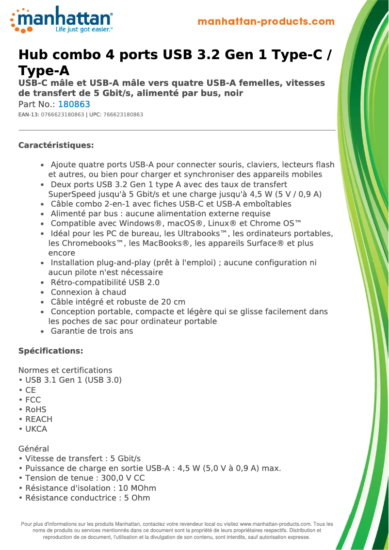Page 1 de la notice Fiche technique Manhattan 180863