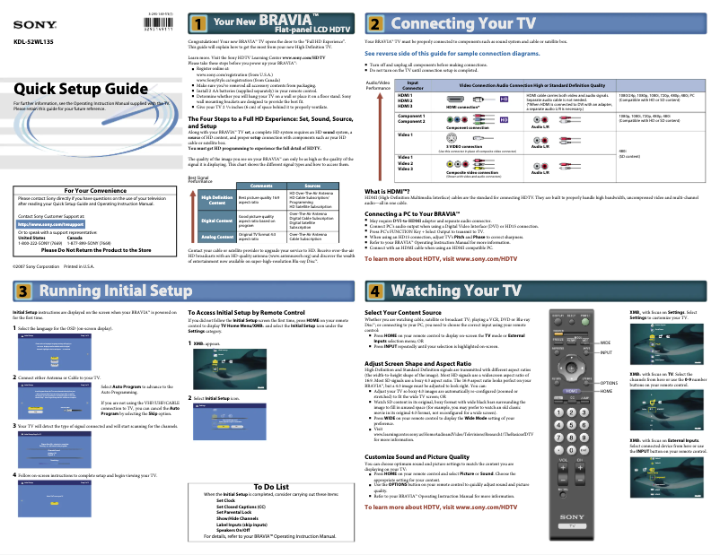 Page n°1 - Guide d'installation Sony Bravia KDL-52WL135