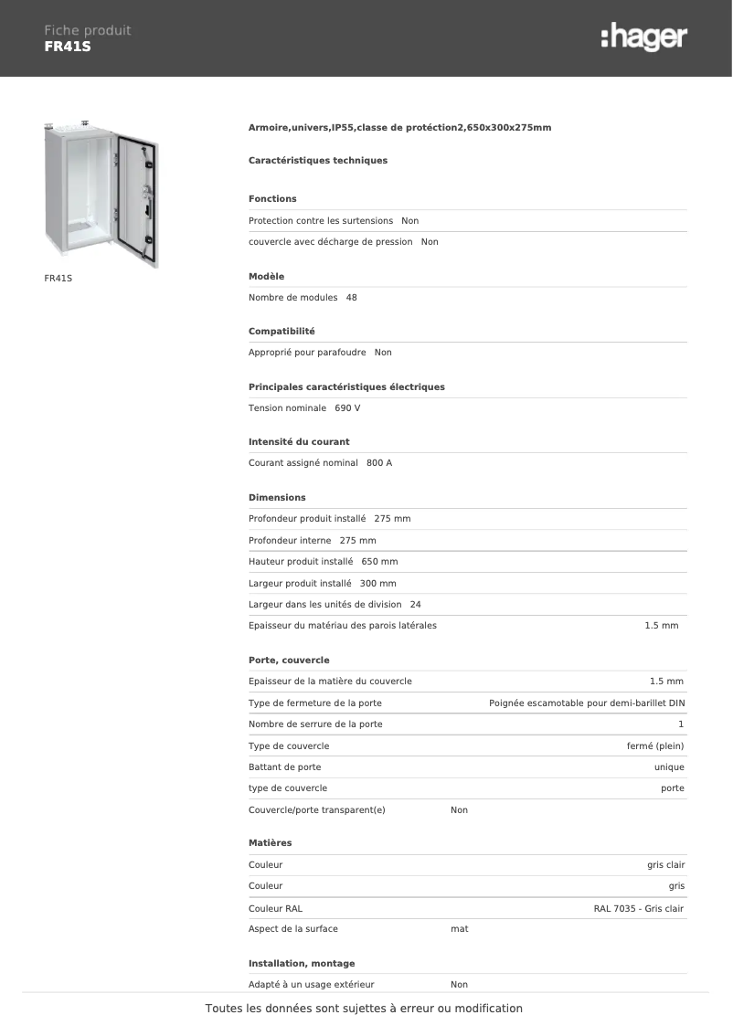 Página 1 del manual Ficha técnica Hager FR41S