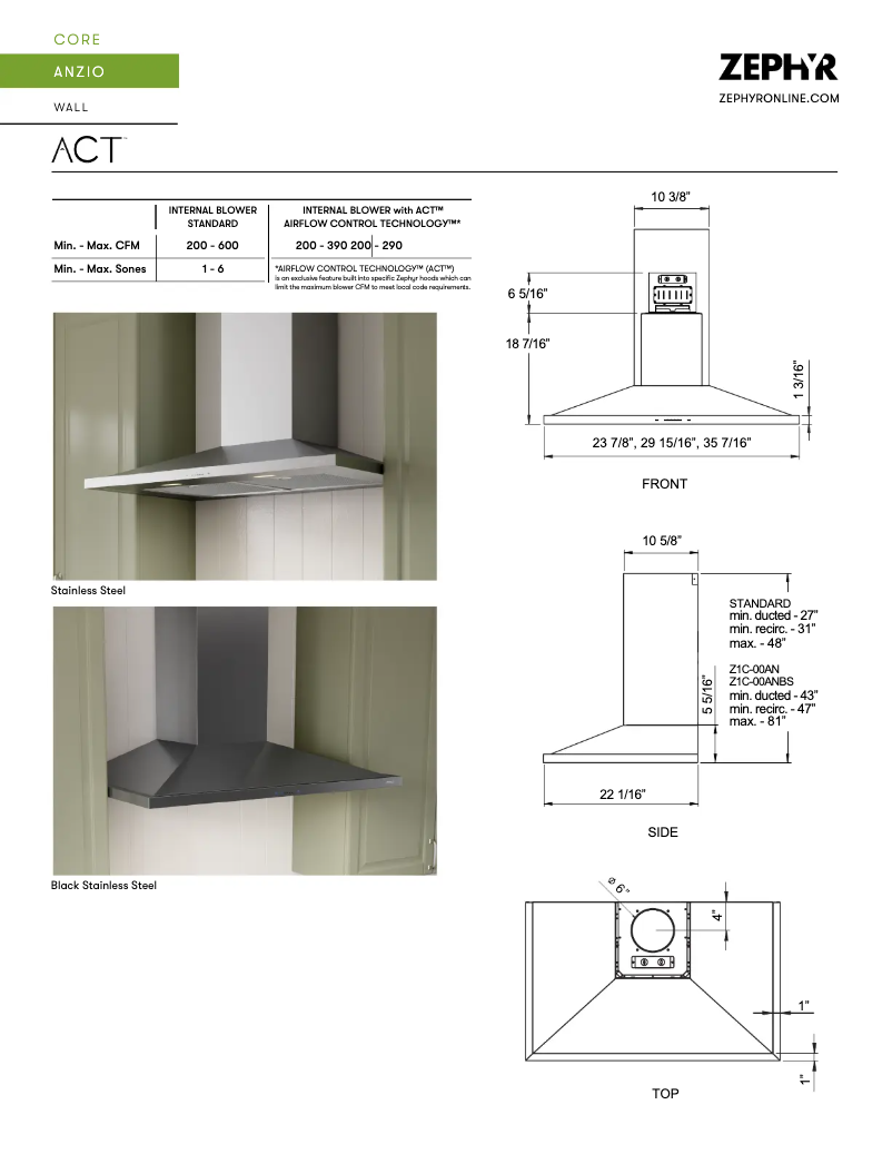 Page 1 de la notice Fiche technique Zephyr Anzio ZAN-M90DBS