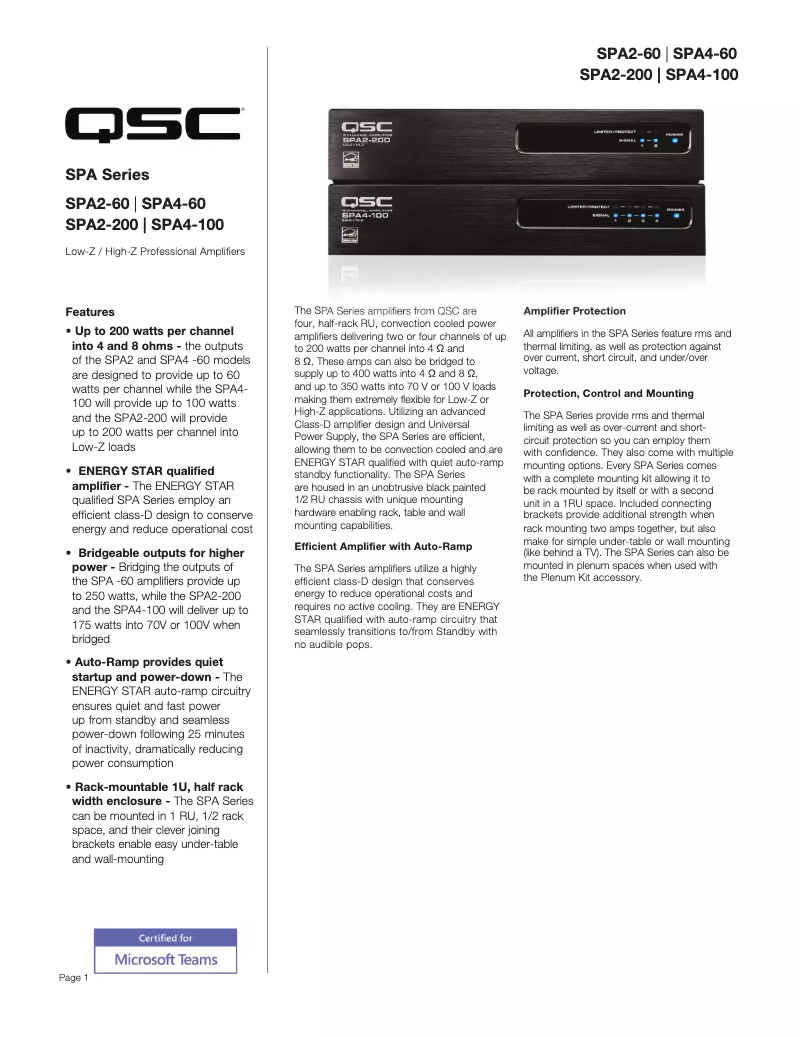 Page 1 de la notice Fiche technique QSC SPA4-60