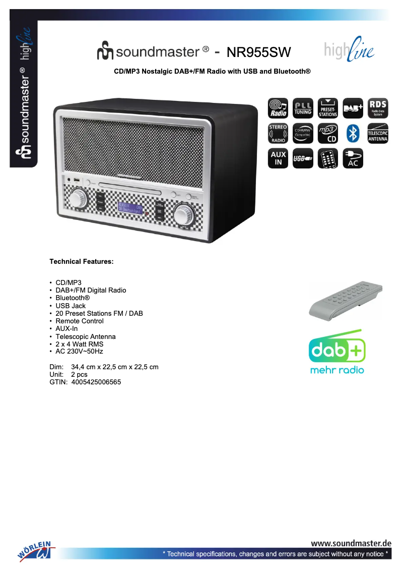 Page 1 de la notice Fiche technique Soundmaster NR955