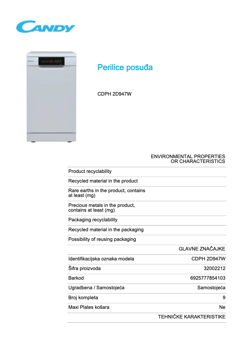 Page n°1 - Fiche technique Candy CDPH 2D947W