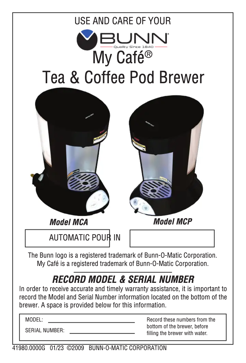 Page 1 de la notice Manuel utilisateur Bunn My Cafe MCP