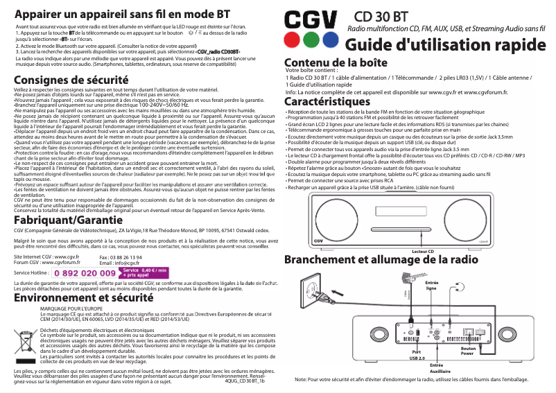 Page n°1 - Manuel utilisateur CGV CD30BT