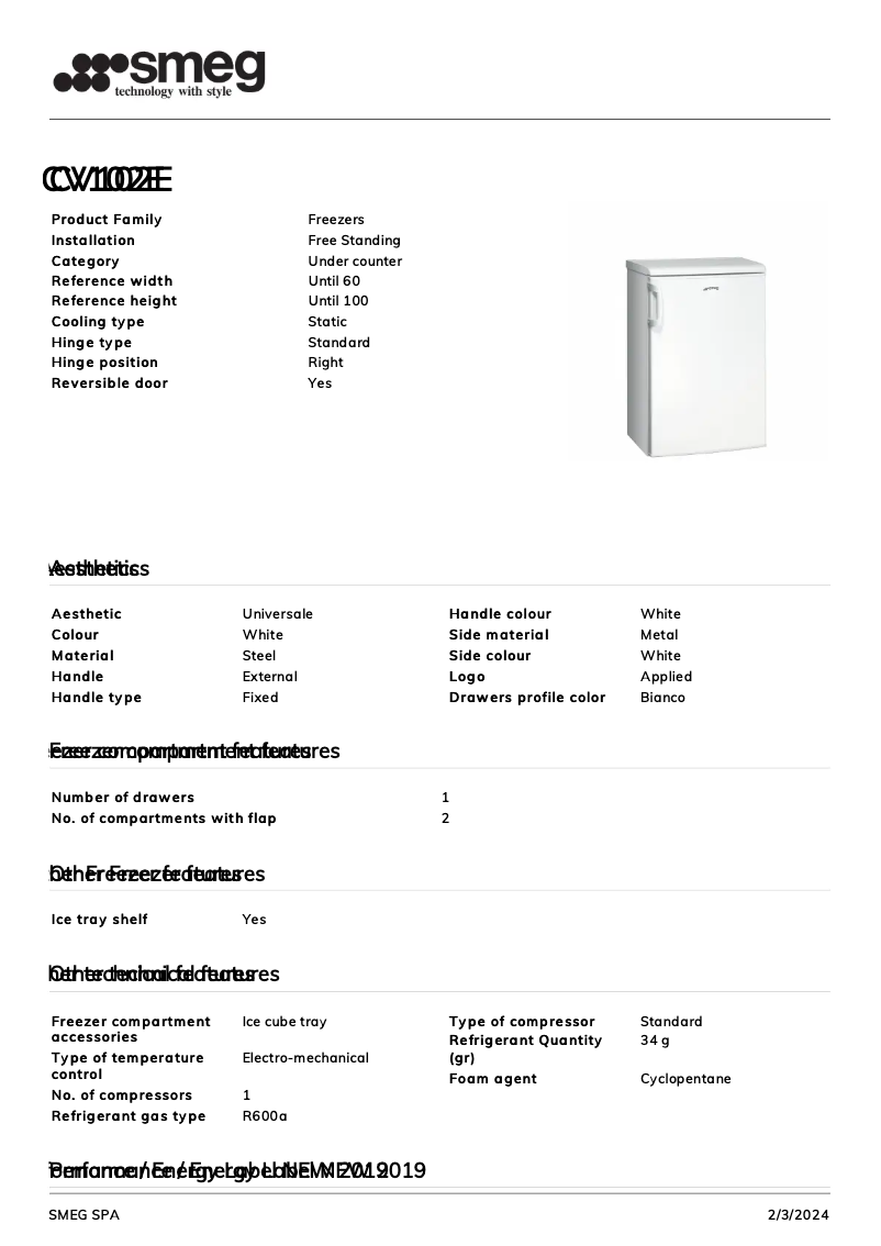 Page n°1 - Fiche technique Smeg CV102E