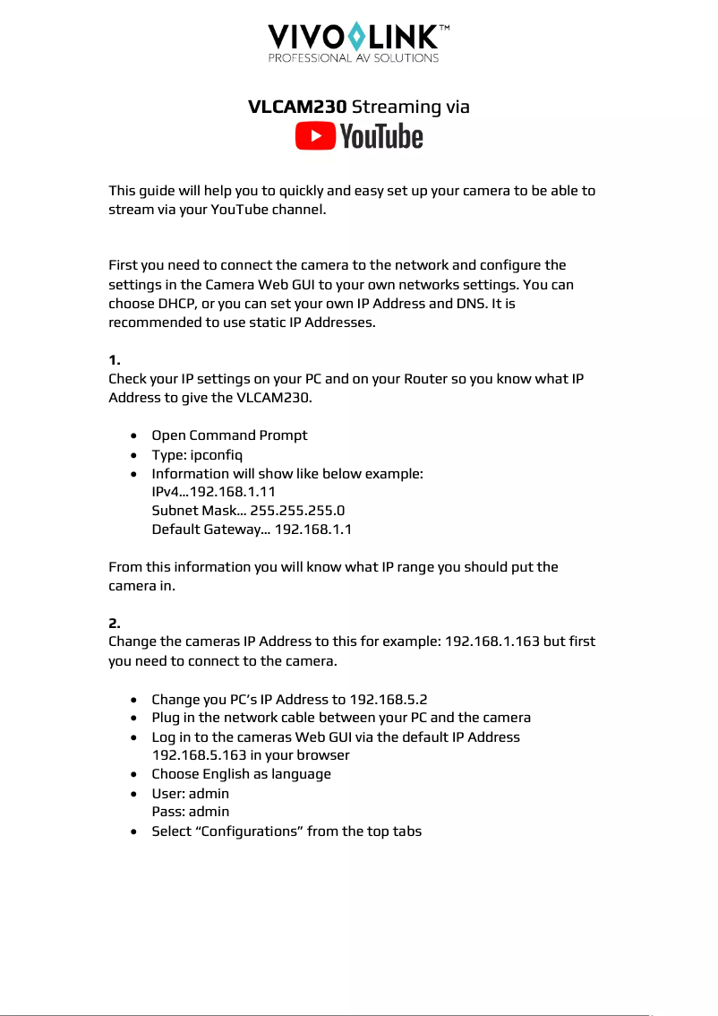 Page n°1 - Manuel utilisateur Vivolink VLCAM230