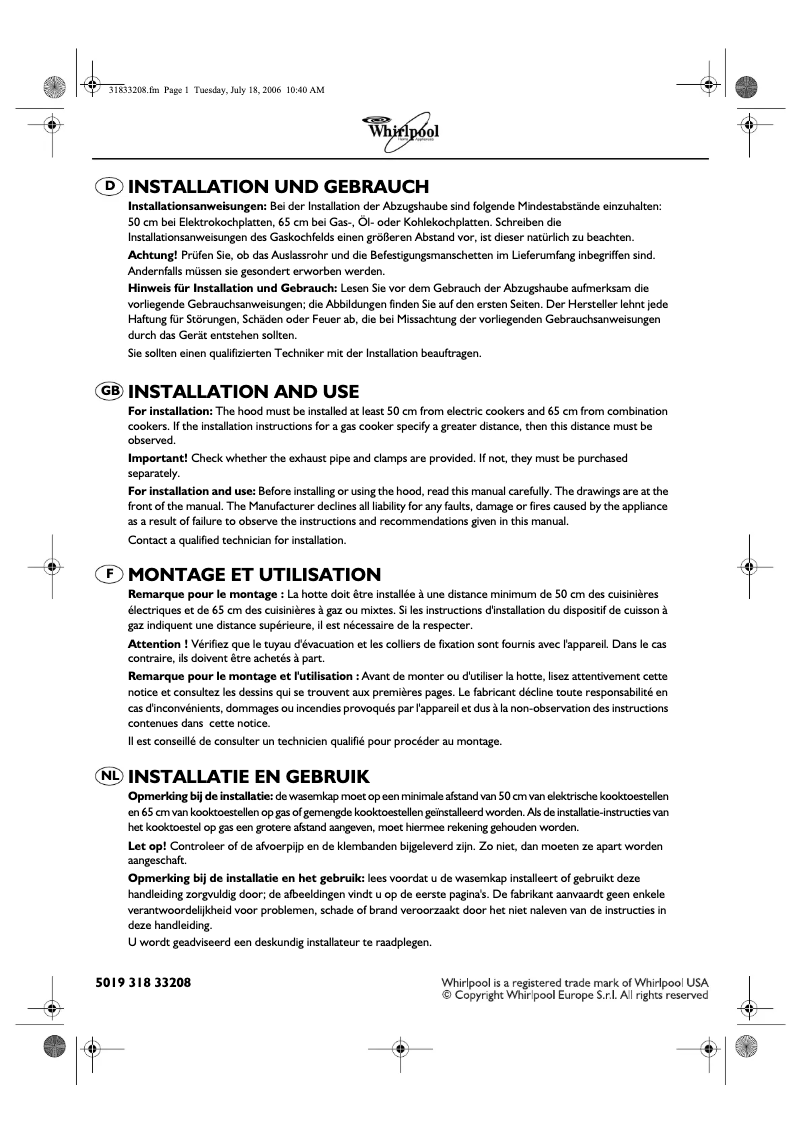 Page 1 de la notice Manuel utilisateur Whirlpool AKR 967