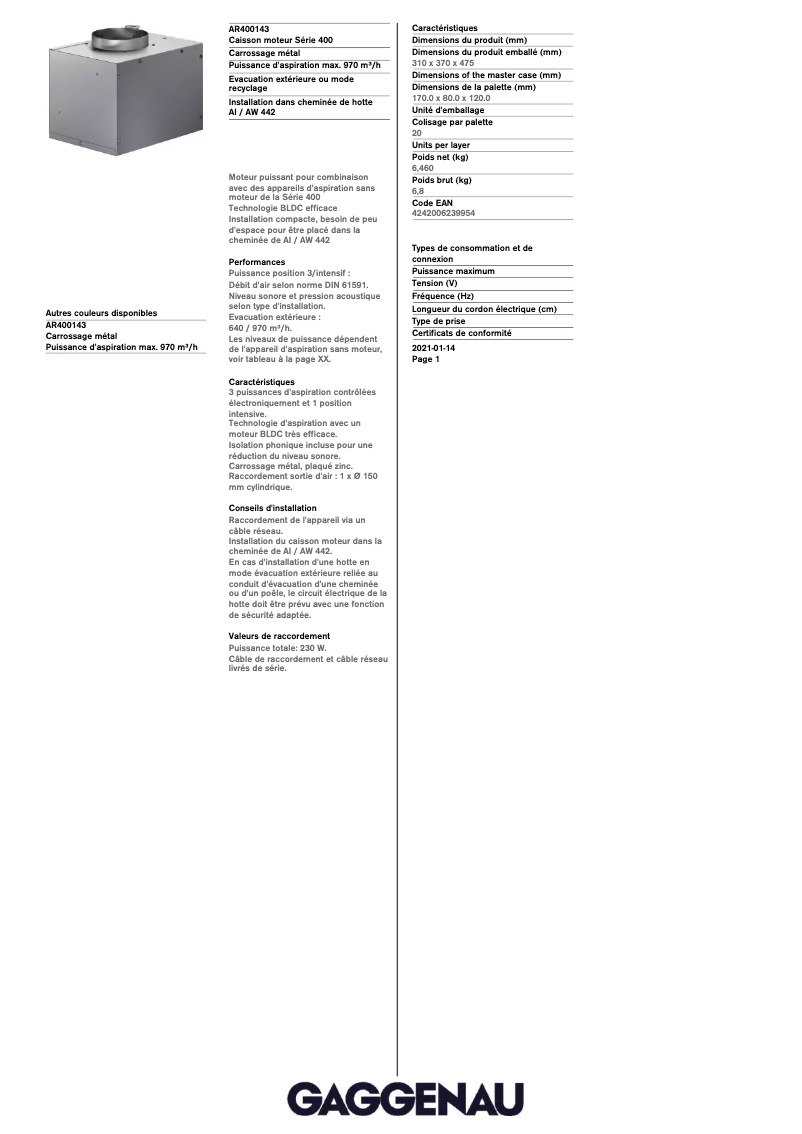 Page n°1 - Fiche technique Gaggenau AR400143