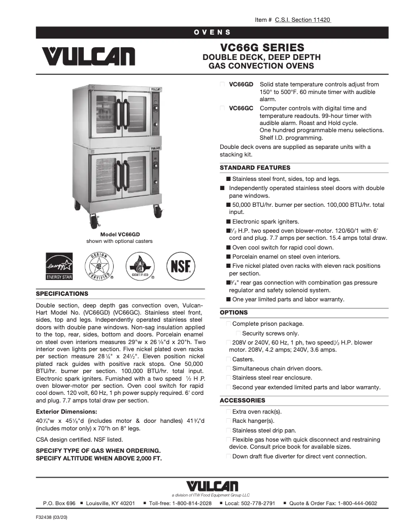 Página 1 del manual Ficha técnica Vulcan VC66GC