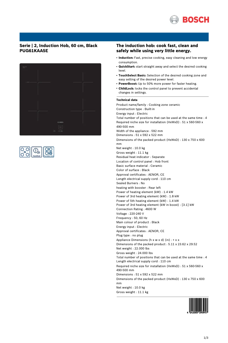 Page 1 de la notice Fiche technique Bosch PUG61KAA5E