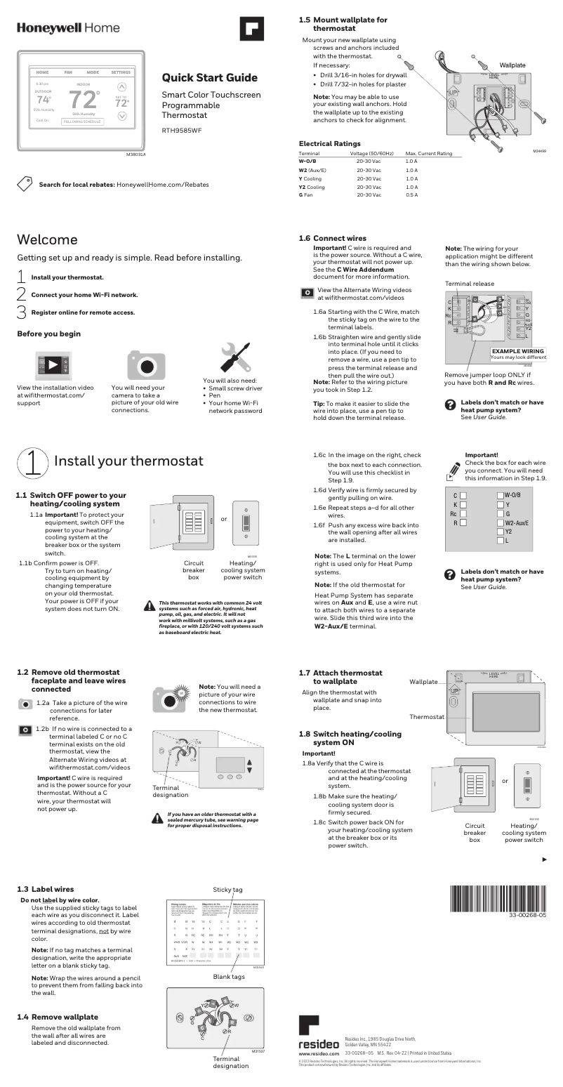 Page 1 de la notice Guide de démarrage rapide Honeywell RTH9585WF1004
