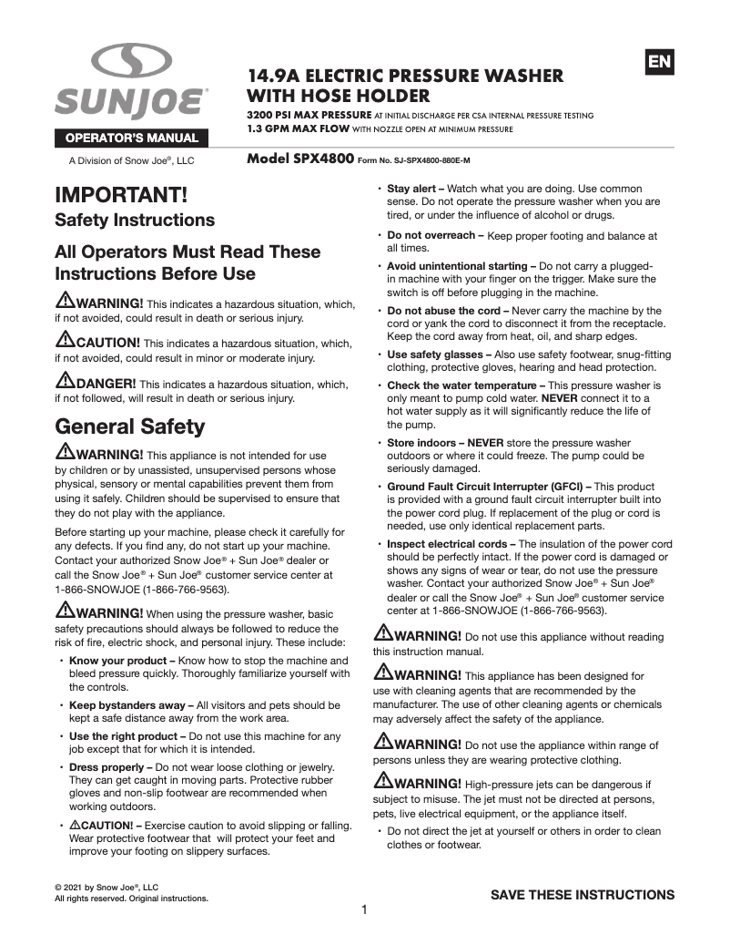 Page n°1 - Manuel utilisateur Sun Joe SPX4800