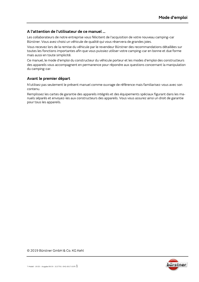 Page 1 de la notice Manuel utilisateur Bürstner Ixeo TL (2020)