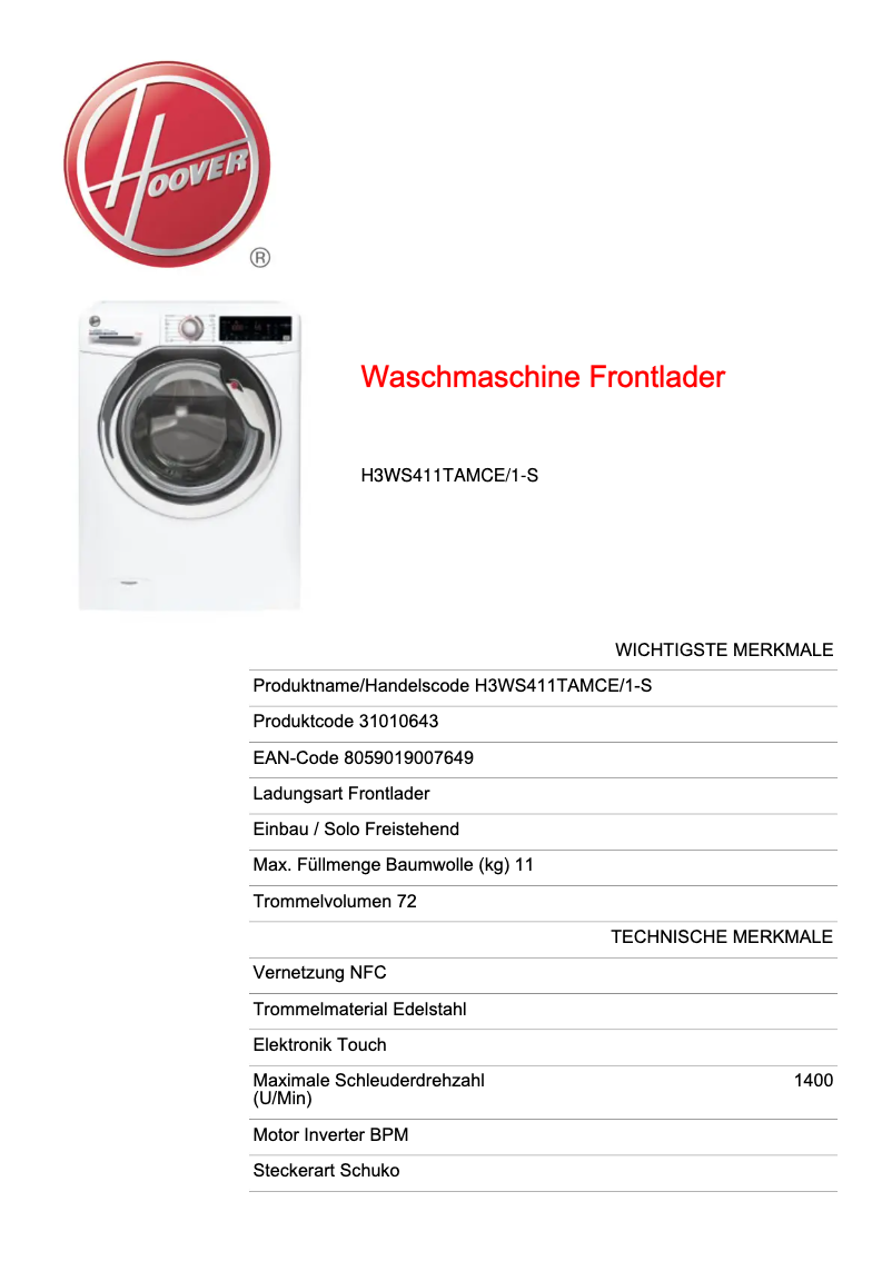 Page n°1 - Fiche technique Hoover H3WS411TAMCE/1-S