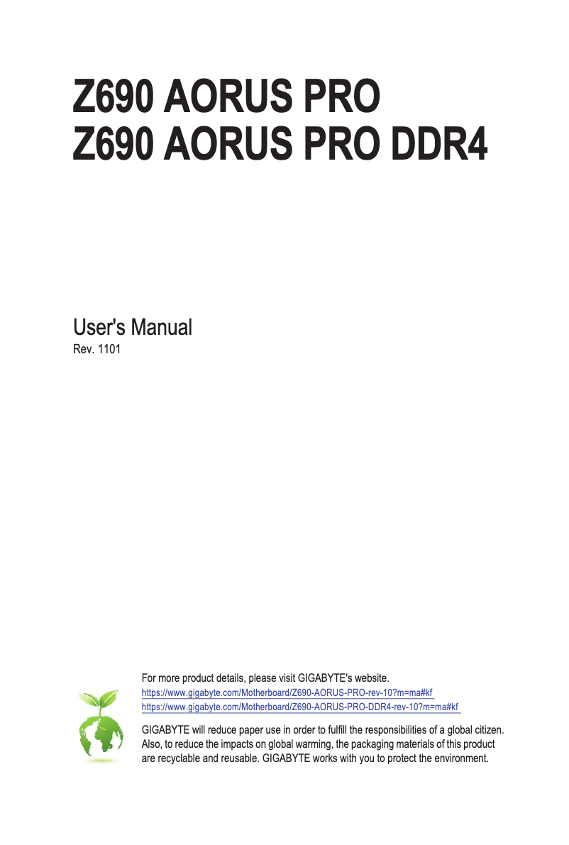 Page 1 de la notice Manuel utilisateur Gigabyte Z690 Aorus Pro