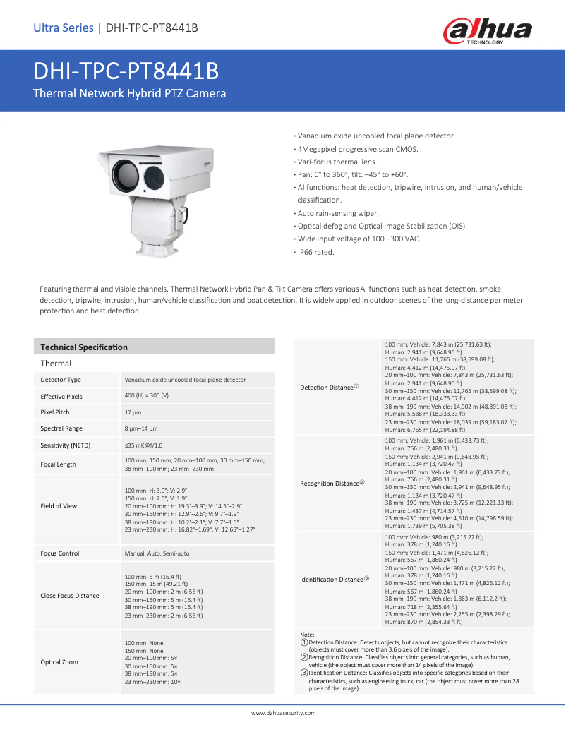 Page 1 de la notice Fiche technique Dahua Technology TPC-PT8441B