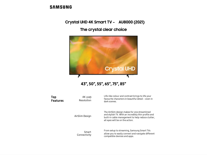Page 1 de la notice Fiche technique Samsung UA65AU8000WXXY