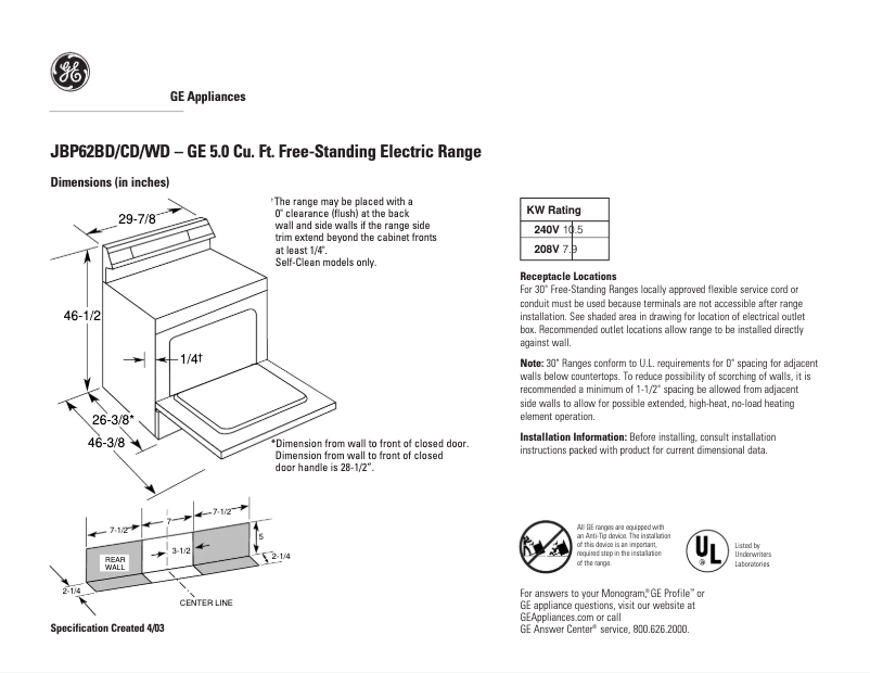 Page 1 de la notice Fiche technique GE JBP62WDWW