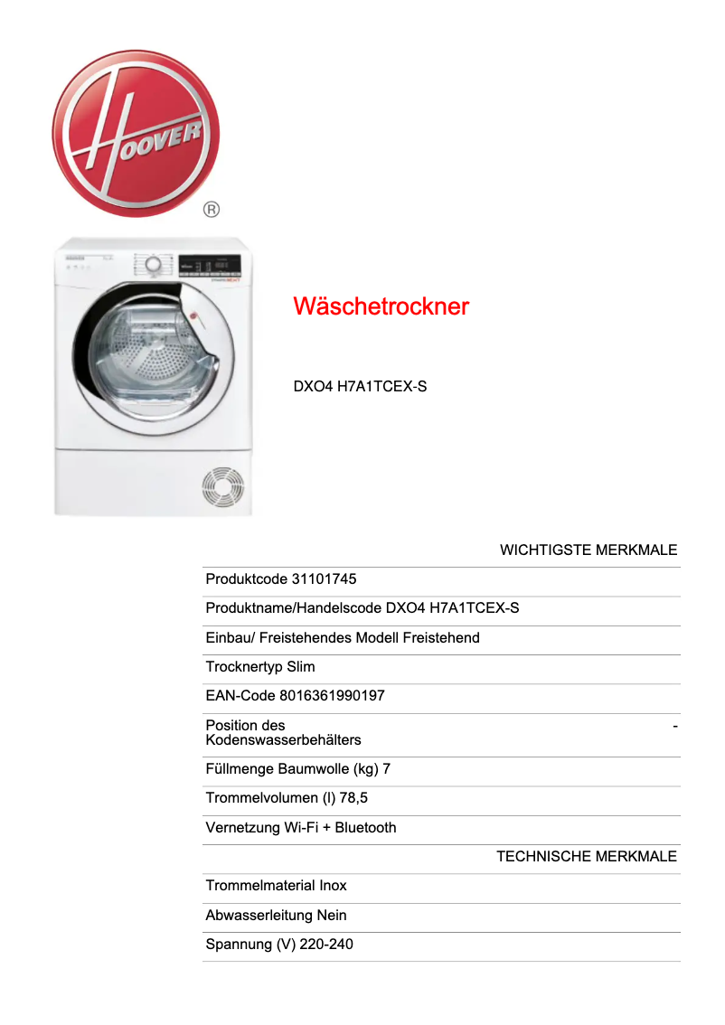 Page 1 of the manual Technical Sheet Hoover DXO4 H7A1TCEX-S