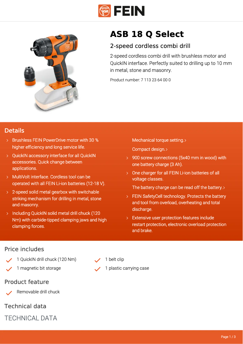 Page 1 de la notice Fiche technique Fein ASB 18 Q Select