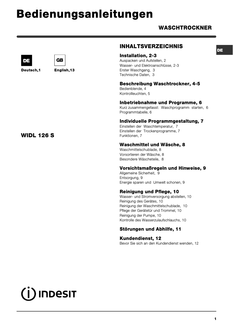 Imagen de la primera página del manual del dispositivo WIDL 126 S (DE)