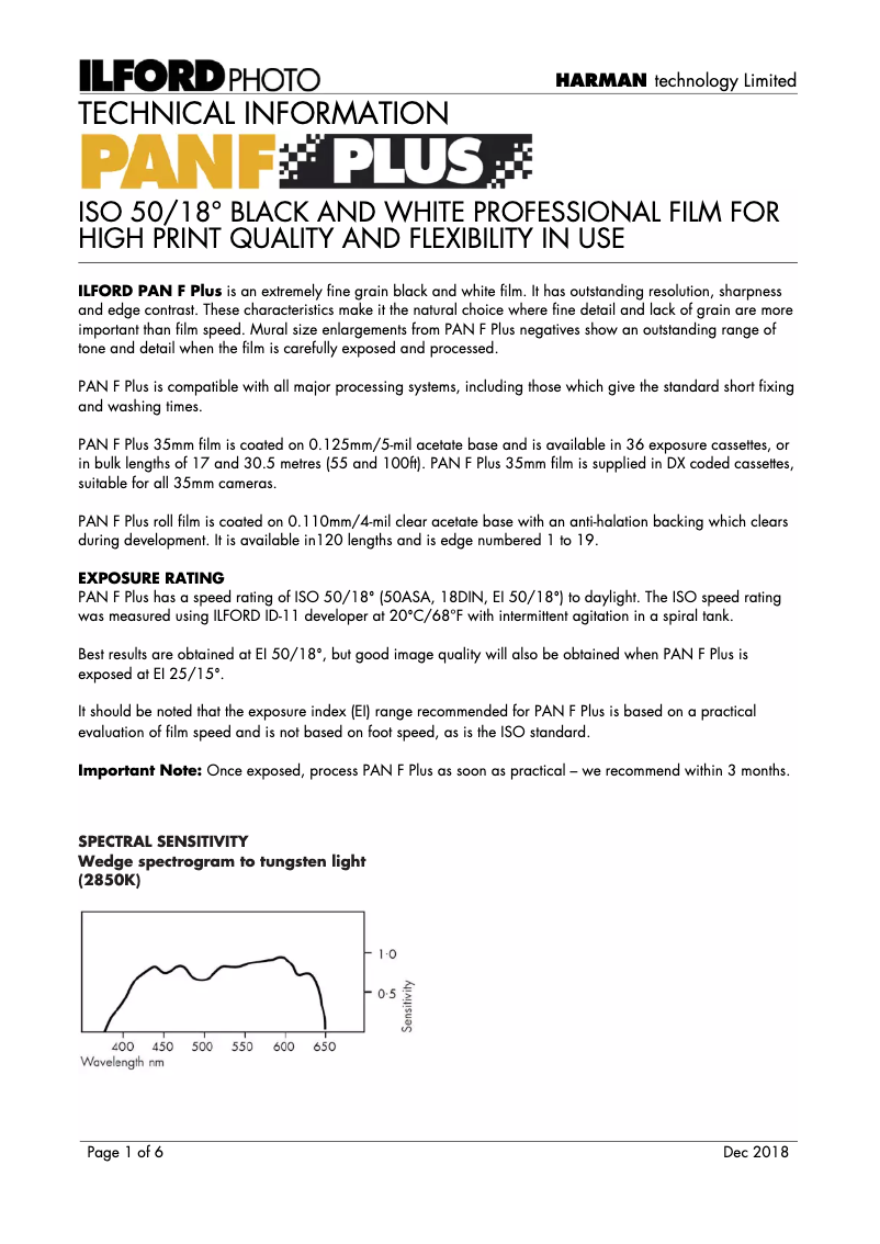 Page n°1 - Manuel utilisateur Ilford Pan F Plus 50