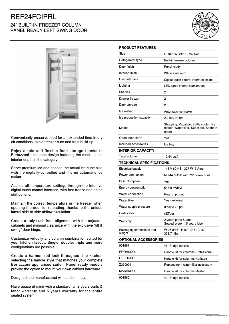 Page 1 de la notice Fiche technique Bertazzoni REF24FCIPRL