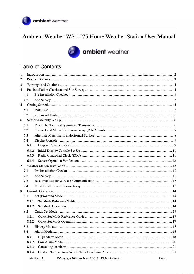 Page n°1 - Manuel utilisateur Ambient Weather WS-1075
