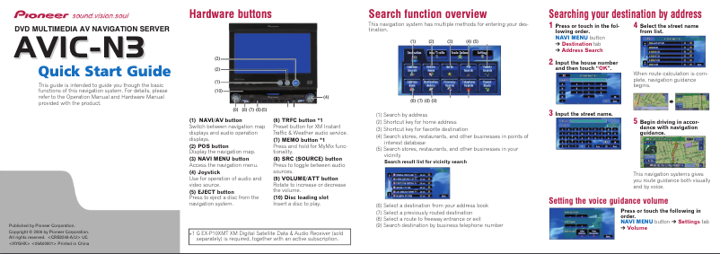 Page n°1 - Guide de démarrage rapide Pioneer AVIC-N3