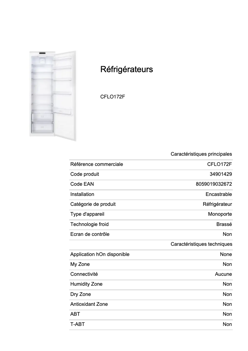 Page 1 de la notice Fiche technique Candy CFLO172F