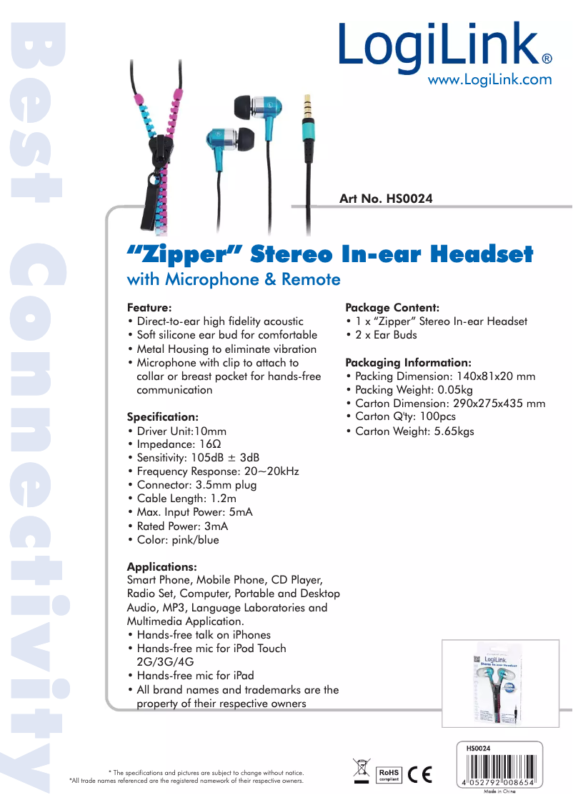 Page 1 de la notice Manuel utilisateur LogiLink HS0024